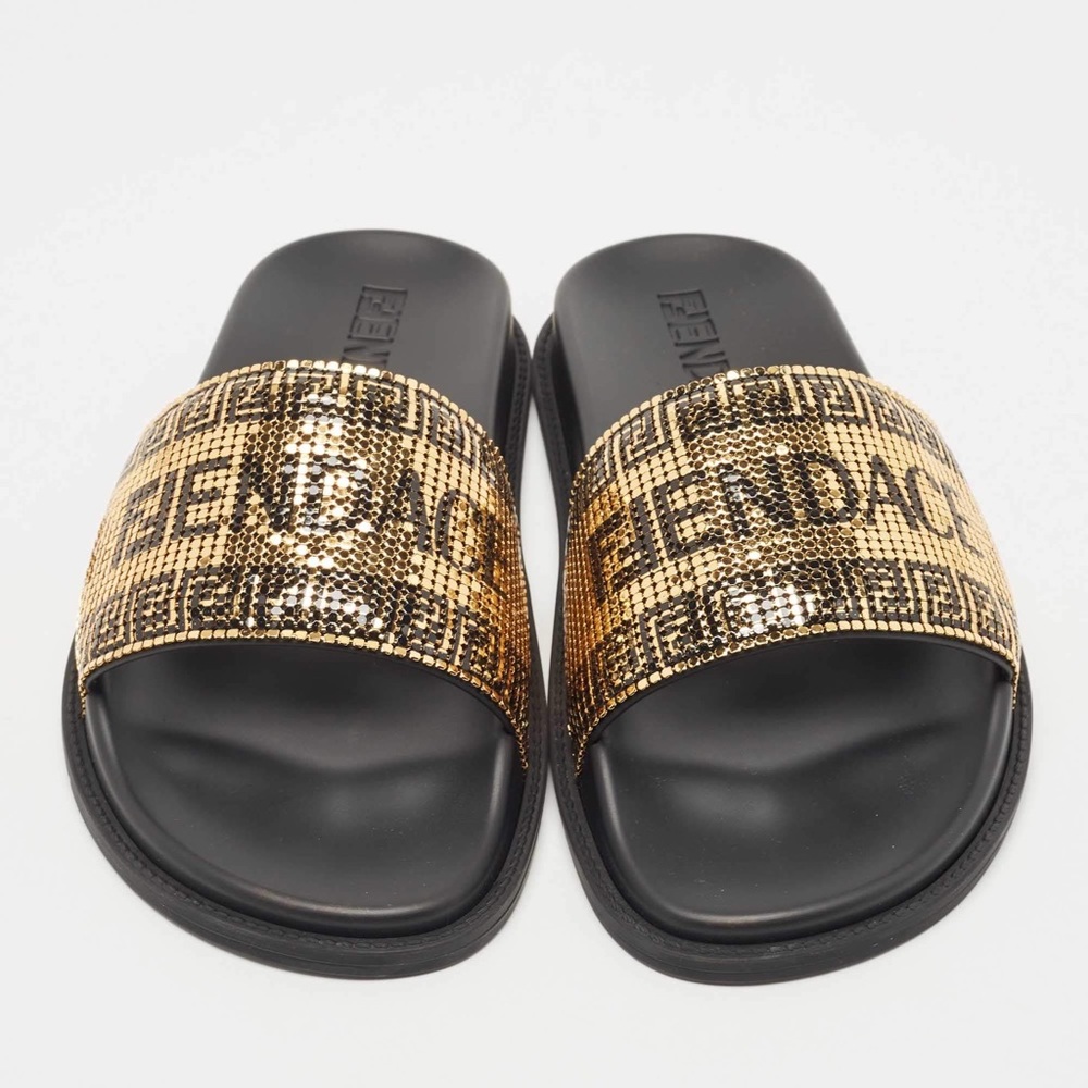 Fendi x Versace Gold Metal and Leather Flat Slides - Picture 2 of 6